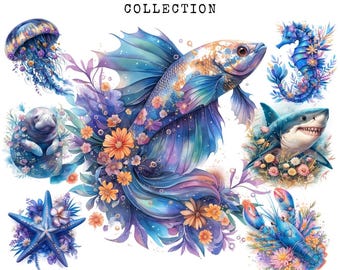 Watercolor Sea Animals Clipart: Blue Ocean (Digital Download)