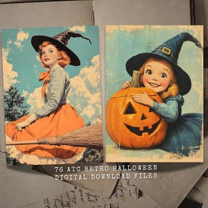 May include: Two retro Halloween-themed digital art prints. One features a woman in a witch hat riding a broom, the other a girl hugging a jack-o'-lantern. The prints have a vintage aesthetic with a blue sky background. Text at the bottom reads "76 ATC RETRO HALLOWEEN DIGITAL DOWNLOAD FILES."