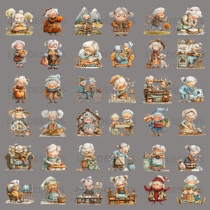 May include: A set of 36 watercolor illustrations featuring various activities of older adults. The illustrations depict older adults engaged in activities such as reading, baking, gardening, and playing music. The illustrations are painted in a whimsical style with bright colors and detailed features.