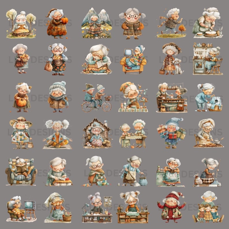 May include: A set of 36 watercolor illustrations featuring various activities of older adults. The illustrations depict older adults engaged in activities such as reading, baking, gardening, and playing music. The illustrations are painted in a whimsical style with bright colors and detailed features.