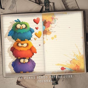 Funny Birds Tall And Skinny Junk Journal Pages, Whimsical Scrapbook Vintage Papers, Nature Collage Kit, Digital Download, Thin Ephemera Set