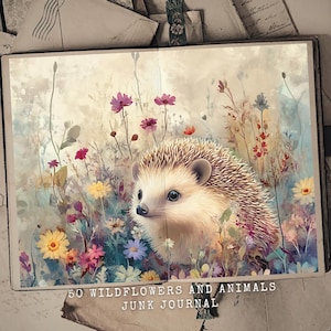 50 kit di diario spazzatura con fiori selvatici e animali / Carta da sfondo per arte mista con simpatici animali / Foglio di collage per scrapbooking / Carte stampabili