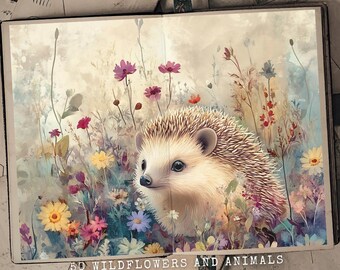 May include: A cute hedgehog with brown and white fur is nestled in a field of colorful wildflowers. The flowers are in shades of pink, purple, yellow, and red. The background is a soft watercolor wash of light blue and beige. The text "50 Wildflowers and Animals Junk Journal" is at the bottom of the image.