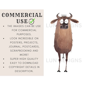 Pode incluir: Uma ilustra&ccedil;&atilde;o de desenho animado de um gnu marrom com olhos grandes e uma express&atilde;o surpresa. O texto "COMMERCIAL USE" est&aacute; marcado com um carimbo verde. O texto abaixo diz "As imagens podem ser usadas para fins comerciais. Elas ficam incr&iacute;veis em cartazes, projetos, revistas, cart&otilde;es postais, scrapbooking e muito mais! Qualidade super alta. F&aacute;cil de baixar. Detalhes de direitos autorais na descri&ccedil;&atilde;o."