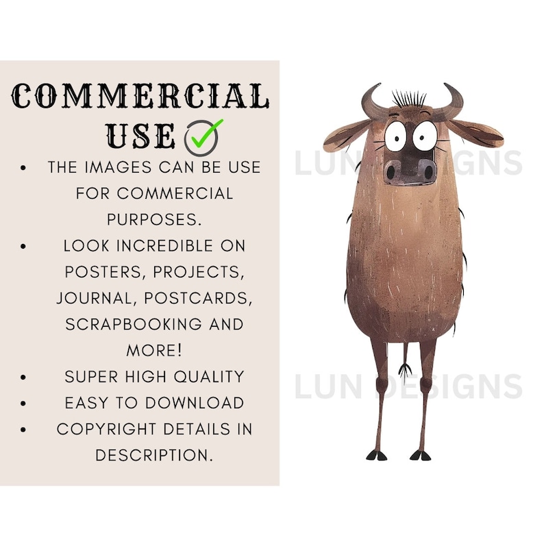 Pode incluir: Uma ilustra&ccedil;&atilde;o de desenho animado de um gnu marrom com olhos grandes e uma express&atilde;o surpresa. O texto "COMMERCIAL USE" est&aacute; marcado com um carimbo verde. O texto abaixo diz "As imagens podem ser usadas para fins comerciais. Elas ficam incr&iacute;veis em cartazes, projetos, revistas, cart&otilde;es postais, scrapbooking e muito mais! Qualidade super alta. F&aacute;cil de baixar. Detalhes de direitos autorais na descri&ccedil;&atilde;o."