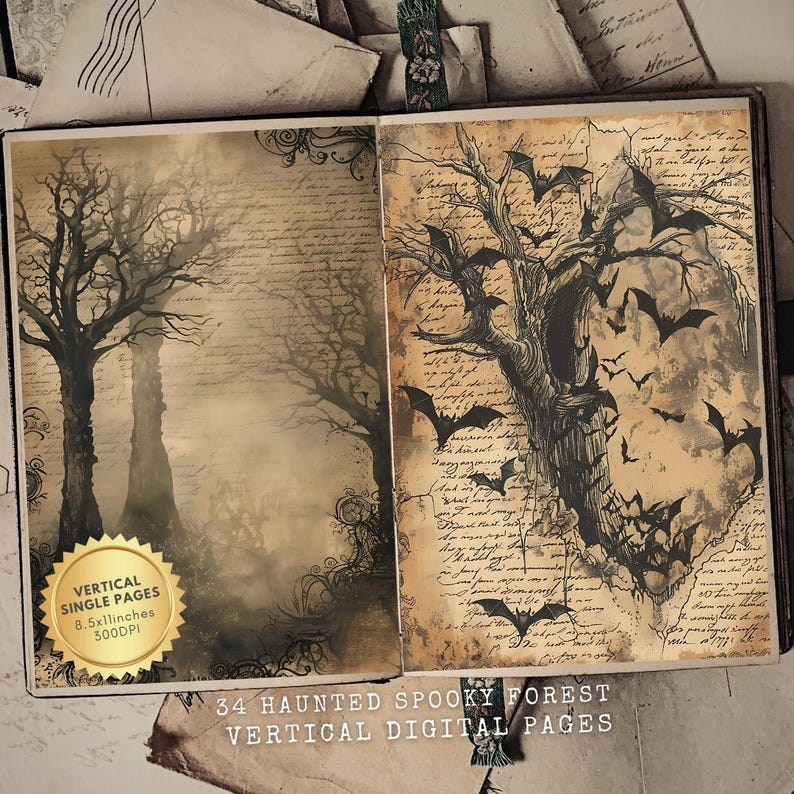 Haunted Forest Junk Journal Printable Kit, Digital Scrapbook Pages, Halloween Ephemera, Gothic Journal Supplies, Dark Forest