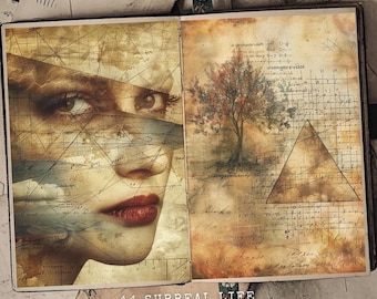 Puede incluir: Un collage de imágenes en dos páginas de un diario vintage. La página izquierda presenta el rostro de una mujer con una superposición azul y blanca. La página derecha presenta un árbol con hojas rojas y un patrón geométrico con un triángulo.