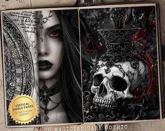 May include: A digital art print featuring a dark gothic theme. The image shows a woman with red eyes and a skull with a crown and chains. The background is black with red accents.