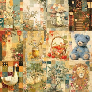 K&ouml;nnte beinhalten: Ein farbenfrohes Patchwork-Design mit verschiedenen Bildern, darunter eine Gans, ein Teddyb&auml;r, ein L&ouml;we, ein Pilz, ein Korb mit Erdbeeren, ein Honigglas und ein Baum. Die Decke besteht aus verschiedenen Stoffen und Mustern und erzeugt einen skurrilen und vielseitigen Look.
