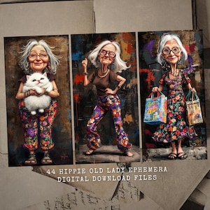 Vintage Funny Old Lady Junk Journal Pages - JPEG imprimables - téléchargement immédiat - étiquettes caricature jolie femme âgée - drôle vieille femme