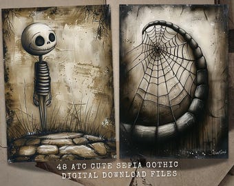 48 ATC Cute Sepia Gothic Cards | Vintage Skeleton, Web Art, Spooky Dark Art, Creepy Halloween Decor, Gothic Horror Aesthetic Digital Art