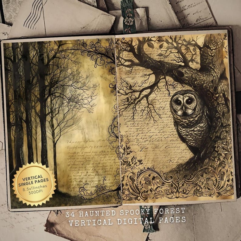 Haunted Forest Junk Journal Printable Kit, Digital Scrapbook Pages, Halloween Ephemera, Gothic Journal Supplies, Dark Forest