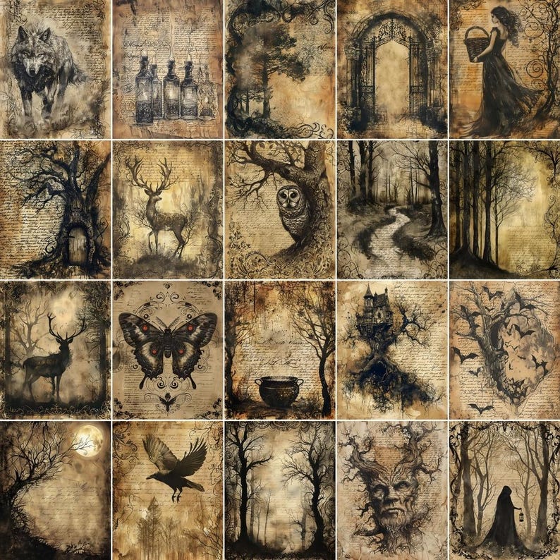 Pu&ograve; includere: Un collage di 16 immagini in stile vintage con un tema oscuro, gotico e fantasioso. Le immagini mostrano un lupo, un cervo, una farfalla, un calderone, un corvo, un albero, una casa, una foresta e una strega. Le immagini sono tutte in bianco e nero e hanno un aspetto usurato e invecchiato.
