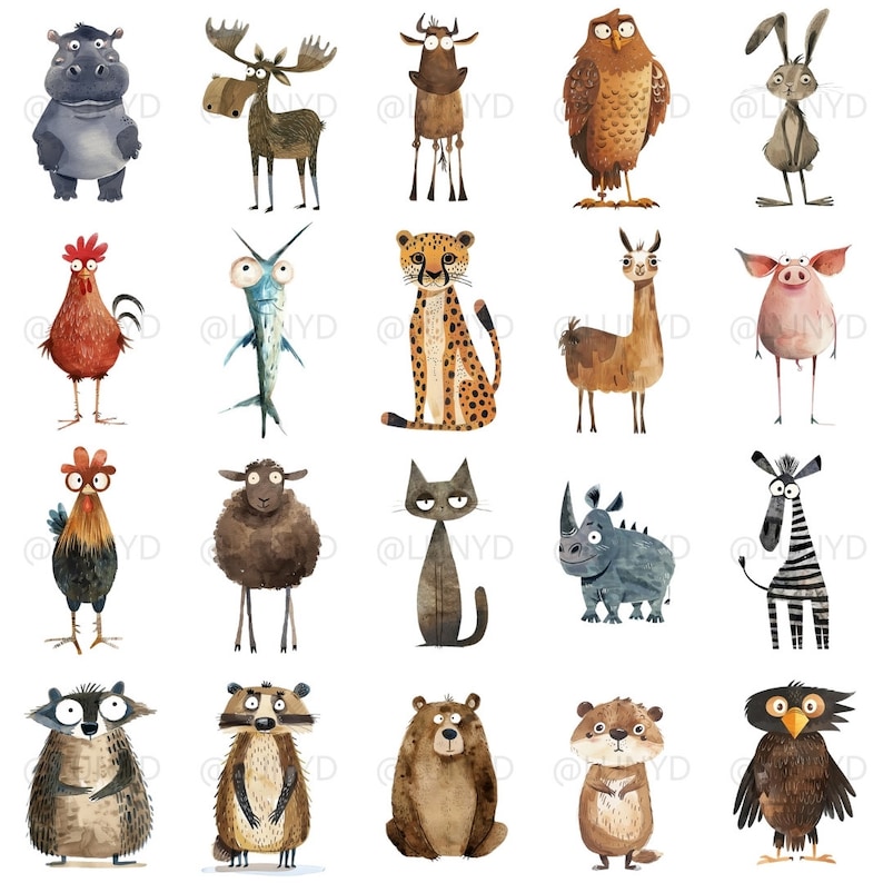 Pode incluir: Uma cole&ccedil;&atilde;o de 20 ilustra&ccedil;&otilde;es de aquarela de v&aacute;rios animais, incluindo um hipop&oacute;tamo, um alce, uma rena, uma coruja, um coelho, um galo, um peixe, um guepardo, uma lhama, um porco, uma ovelha, um gato, um rinoceronte, uma zebra, um guaxinim, um urso, um hamster e outra coruja. As ilustra&ccedil;&otilde;es s&atilde;o todas em um estilo caprichoso e apresentam cores brilhantes.