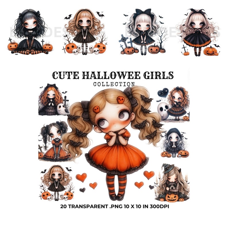 May include: A set of 20 digital illustrations of cute Halloween girls in various poses. The girls are dressed in black and orange dresses with spooky accessories. The images are transparent PNG files, 10 inches by 10 inches, and 300 DPI.