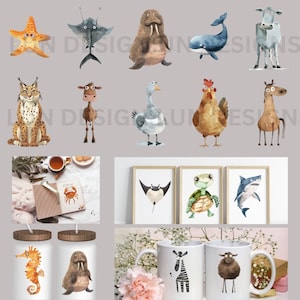 Pode incluir: Um conjunto de 12 ilustra&ccedil;&otilde;es de aquarela de v&aacute;rios animais, incluindo uma estrela do mar, uma arraia, uma morsa, uma baleia, uma vaca, um lince, um camelo, um ganso, uma galinha, um cavalo, uma tartaruga, um tubar&atilde;o, um cavalo-marinho e uma zebra. As ilustra&ccedil;&otilde;es s&atilde;o perfeitas para criar produtos digitais ou impressos como cart&otilde;es de felicita&ccedil;&atilde;o, convites, adesivos, etc.