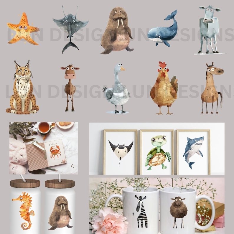 Pode incluir: Um conjunto de 12 ilustra&ccedil;&otilde;es de aquarela de v&aacute;rios animais, incluindo uma estrela do mar, uma arraia, uma morsa, uma baleia, uma vaca, um lince, um camelo, um ganso, uma galinha, um cavalo, uma tartaruga, um tubar&atilde;o, um cavalo-marinho e uma zebra. As ilustra&ccedil;&otilde;es s&atilde;o perfeitas para criar produtos digitais ou impressos como cart&otilde;es de felicita&ccedil;&atilde;o, convites, adesivos, etc.