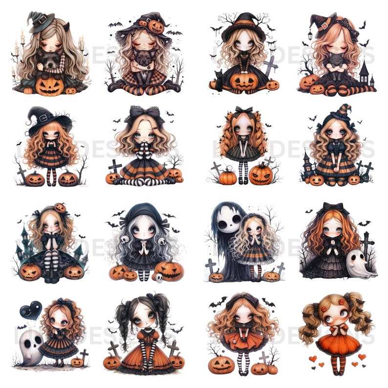 May include: A set of 12 digital illustrations featuring cute, cartoon-style witches in various poses. Each witch is dressed in a black and orange Halloween costume and holding a pumpkin. The illustrations are perfect for use in digital scrapbooking, card making, and other creative projects.