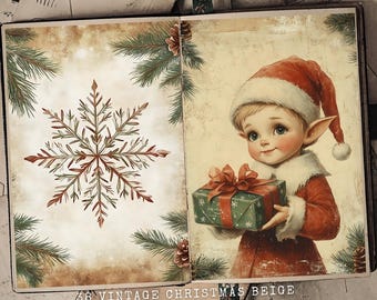 Vintage Christmas Junk Journal Kit: Beige Mixed Media Pages (Digital Download)