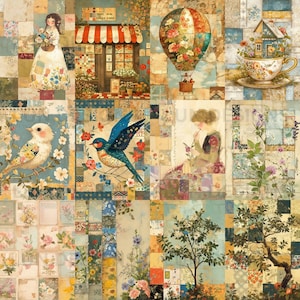 K&ouml;nnte beinhalten: Eine bunte Collage aus Bildern mit einem Hei&szlig;luftballon, einem Vogel, einer Teetasse, einem Gesch&auml;ft und einer Frau. Die Bilder sind in einem Raster angeordnet und haben einen Vintage-Look.