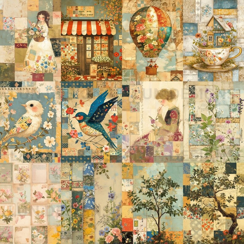 K&ouml;nnte beinhalten: Eine bunte Collage aus Bildern mit einem Hei&szlig;luftballon, einem Vogel, einer Teetasse, einem Gesch&auml;ft und einer Frau. Die Bilder sind in einem Raster angeordnet und haben einen Vintage-Look.