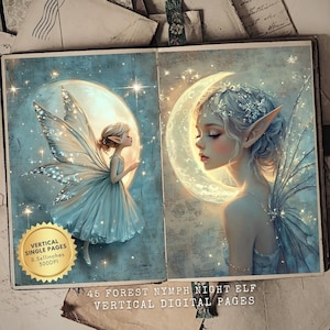 May include: Two digital illustrations of forest nymphs with wings, one with a crescent moon behind her and the other with a full moon behind her. Both are wearing blue dresses and have long, flowing hair. The text "45 Forest Nymph Night Elf Vertical Digital Pages" is at the bottom of the image.