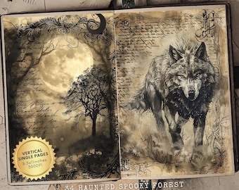 May include: 34 digital pages featuring a spooky forest scene with a full moon and a wolf. The pages are designed for vertical use and are 8.5 inches by 11 inches.