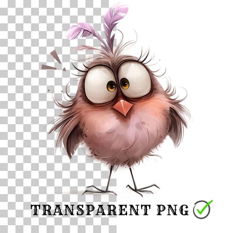 May include: A cartoon bird with large, round eyes and a pink beak. The bird has a purple feather on its head and is standing on two legs. The bird has a surprised expression on its face.