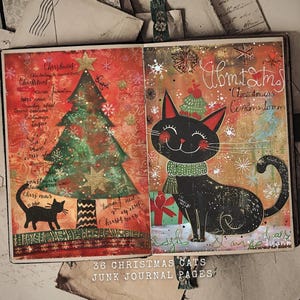 36 pages de journal de bordel de chats de Noël pour des conceptions et des cartes de voeux de sublimation | Art festif de chatons pour les fêtes avec des décorations d'arbres de Noël