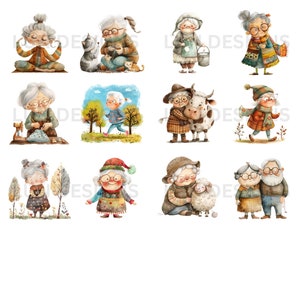 May include: A set of 10 watercolor illustrations featuring various activities of older adults. The illustrations depict older adults gardening, walking, playing with animals, and engaging in hobbies. The illustrations are painted in a whimsical style with bright colors and detailed features.