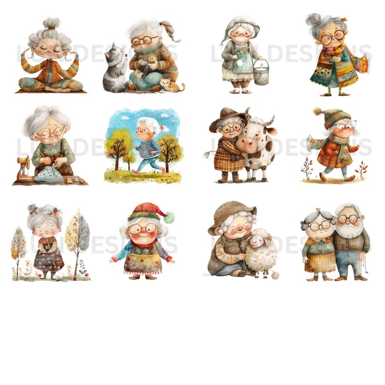 May include: A set of 10 watercolor illustrations featuring various activities of older adults. The illustrations depict older adults gardening, walking, playing with animals, and engaging in hobbies. The illustrations are painted in a whimsical style with bright colors and detailed features.