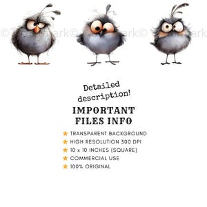 May include: Three cartoon birds with gray feathers and large eyes. The birds have different expressions and are standing on a white background.