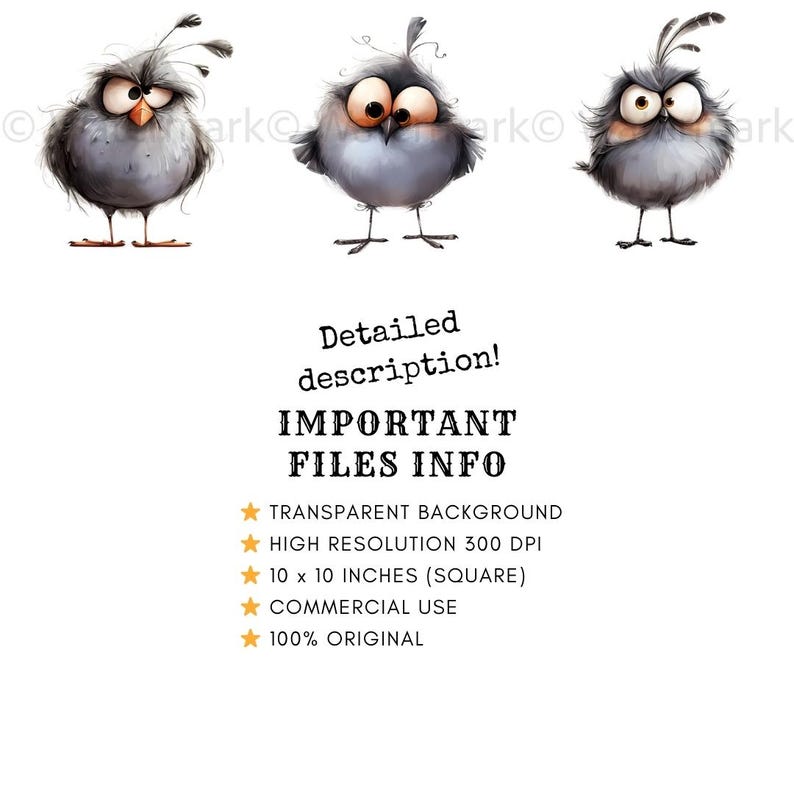 May include: Three cartoon birds with gray feathers and large eyes. The birds have different expressions and are standing on a white background.