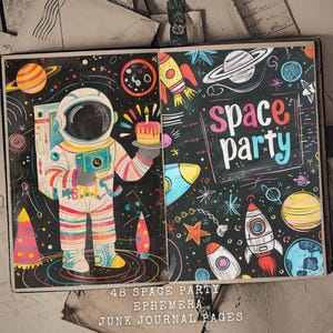 48 Celestial Space Party Digital Junk Journal Kit Childish Cosmic Space Papers Printable Collage Pages, Scrapbook Paper, Instant Download
