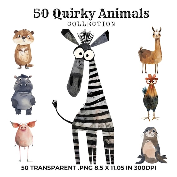 50 Quirky Animals Cliparts, Quirky animals, Digital Download, Commercial Use, Quirky clipart, Paper Craft, Printable Paper, PNG