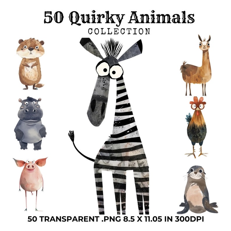 Whimsical Clipart, Digital Download, Watercolor Clipart, Commercial Use, Funny Animals Png, Funny Cats Cliparts, Funny Bird Clipart, Quirky Cat Clipart, Whimsical Elements, Funny Animal Clipart, Transparent Png, Whimsical Animal Png,