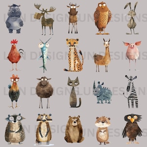 Pode incluir: Uma cole&ccedil;&atilde;o de 20 ilustra&ccedil;&otilde;es de aquarela de v&aacute;rios animais, incluindo um galo, um gato, um rinoceronte, uma zebra, um urso, um guaxinim, uma coruja, um hipop&oacute;tamo, um alce, um guepardo, uma lhama, um porco, uma ovelha, um peixe, um coelho e um p&aacute;ssaro. As ilustra&ccedil;&otilde;es est&atilde;o todas em um estilo de desenho animado e est&atilde;o sobre um fundo cinza claro.