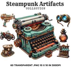 Steampunk-artefakter Clipart-paket: 60 PNG-bilder (digital nedladdning)