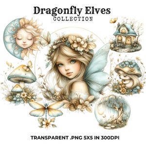 May include: Digital art featuring a collection of whimsical illustrations. The artwork includes a fairy with blue wings, a mushroom, a house, a dragonfly, and a moon with a face. The text "Dragonfly Elves Collection" is at the top.