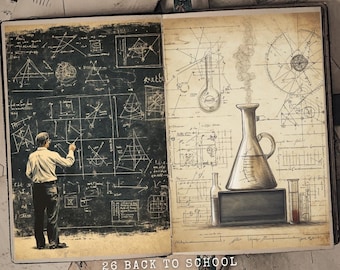 Puede incluir: Un diario de estilo vintage abierto con una pizarra negra en la página izquierda y un dibujo de un laboratorio de ciencias en la página derecha. La pizarra tiene formas geométricas y líneas dibujadas en ella. El dibujo del laboratorio de ciencias incluye un vaso de precipitados, un matraz y una probeta graduada. El diario tiene el texto "26 Back to School Junk Journal Pages" impreso en la parte inferior.