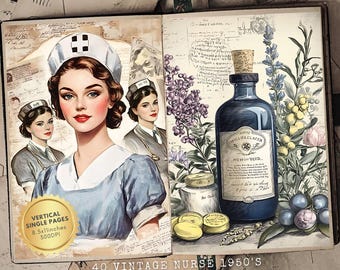 Op de afbeelding: Een set van 40 digitale afdrukbare pagina's met vintage illustraties van verpleegsters uit de jaren 1950. De pagina's zijn verticaal en meten 21,6 cm bij 28 cm bij 300 DPI. De illustraties zijn in retro-stijl en tonen verpleegsters in verschillende poses, waaronder het dragen van een wit uniform met een rood kruis, een blauw uniform met een witte kraag en een wit uniform met een rood kruis en een blauwe kraag. De illustraties zijn perfect voor scrapbooking, kaartmaken en andere knutselprojecten.