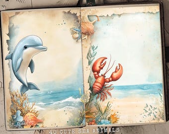 Sea Animals Junk Journal Kit: Beach Scrapbook Pages (Digital Download)