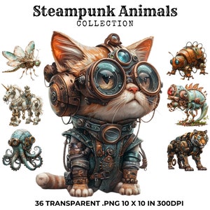 36 Steampunk Animals Clipart Bundle, Steampunk Clipart, Digital Download, Commercial Use, Watercolor, Paper Craft, Trending Clipart, PNG