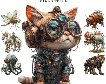 36 Steampunk Animals Clipart Bundle, Steampunk Clipart, Digital Download, Commercial Use, Watercolor, Paper Craft, Trending Clipart, PNG