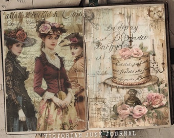 May include: A vintage style junk journal with a collage of images. The left page features three women in Victorian era clothing. The right page features a birthday cake with pink roses and the text "Br dopay Cird Bohote Birthyr dar".