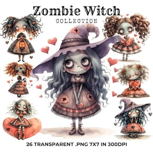 26 söta Halloweenhäxor Clipart i söt gotisk stil med lapptäcksklänning och hjärtan, zombieflicka, läskiga dockor, hantverk, scrapbooking