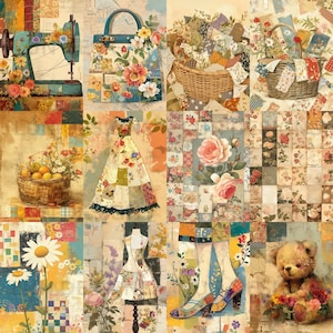 K&ouml;nnte beinhalten: Eine farbenfrohe Patchwork-Collage mit einer Vintage-N&auml;hmaschine, einer Blumentasche, einem Teddyb&auml;r und einem Kleid mit Blumenmuster. Die Collage besteht aus verschiedenen Stoffen und Texturen und erzeugt eine skurrile und charmante &Auml;sthetik.