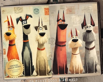 May include: A digital art print featuring six cartoon dogs with expressive faces and various colors. The dogs are arranged in a row, with text that reads "64 Funny Dogs & Animals Vertical Digital Pages" and "Vertical Single Pages 8.5x11 inches 300DPI".