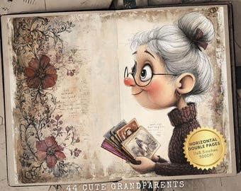Süße ältere Frau Karikatur Ephemera - süße Cartoon alte Dame Junk Journal Seiten - Printable JPEGs - Sofortiger Download - süße alte Dame