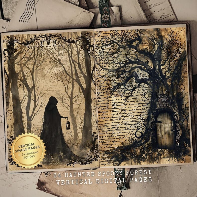 Haunted Forest Junk Journal Printable Kit, Digital Scrapbook Pages, Halloween Ephemera, Gothic Journal Supplies, Dark Forest